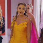 Larsa’s gold satin drape dress on The Real Housewives of Miami