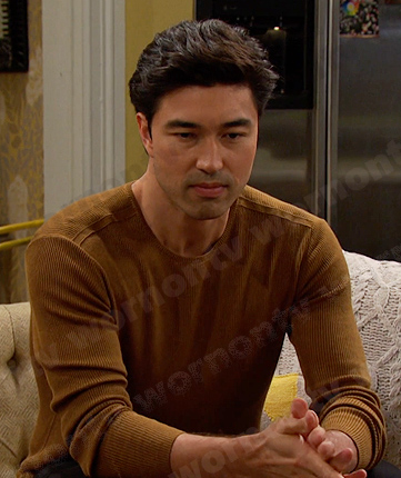 Li Shin’s camel ribbed sweater on Days of our Lives