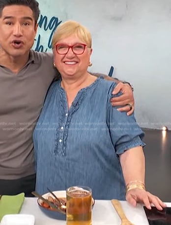 Lidia Bastianich’s chambray ruffle blouse on Access Hollywood