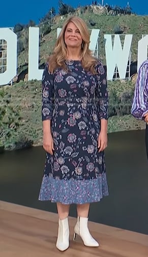 Lisa Whelchel's blue floral midi dress on Access Hollywood