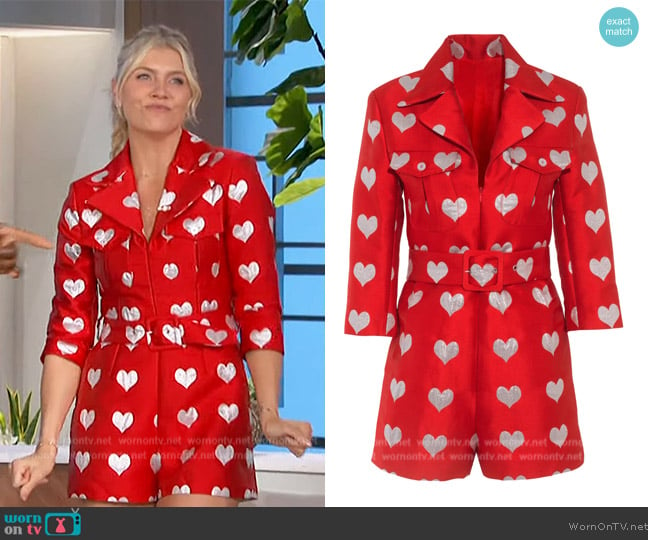 Lisou Olivia Red Heart Print Silk Jacquard Playsuit worn by Amanda Kloots on The Talk