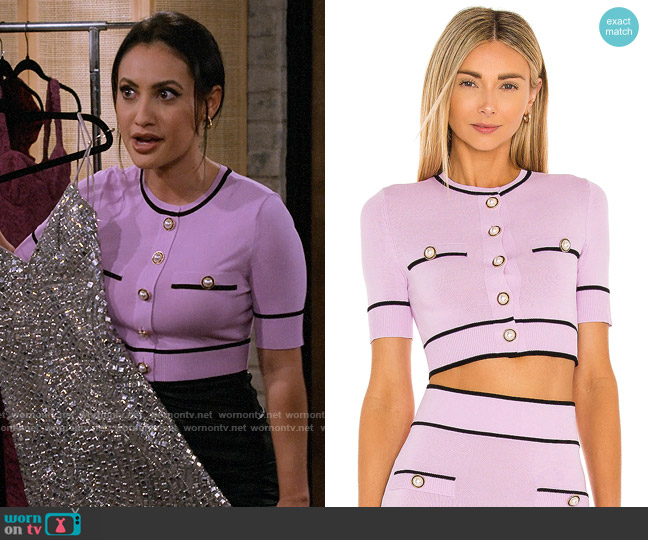 Lovers + Friends Pearl Short Sleeve Cardigan in Lilac & Purple worn by Valentina (Francia Raisa) on How I Met Your Father