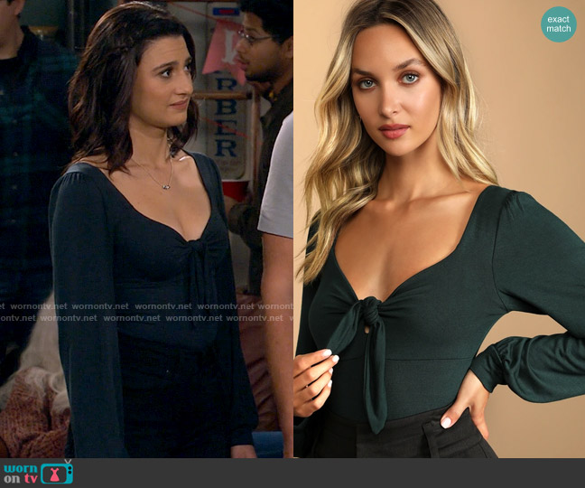 Lulus Tie Fidelity Dark Green Tie-Front Bodysuit worn by Hannah (Ashley Reyes) on How I Met Your Father
