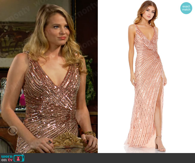 Mac Duggal Sequin Wrap Gown in Rose Gold worn by Summer Newman (Allison Lanier) on The Young and the Restless