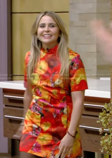 Mae Whitman's orange floral mini dress on Live with Kelly and Ryan