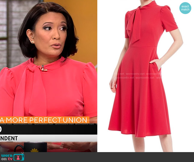 Maggy London Short Sleeve Tie Neck Dress worn by Elaine Quijano on CBS Mornings