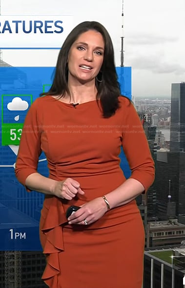 Maria’s brown ruffle side sheath dress on Today