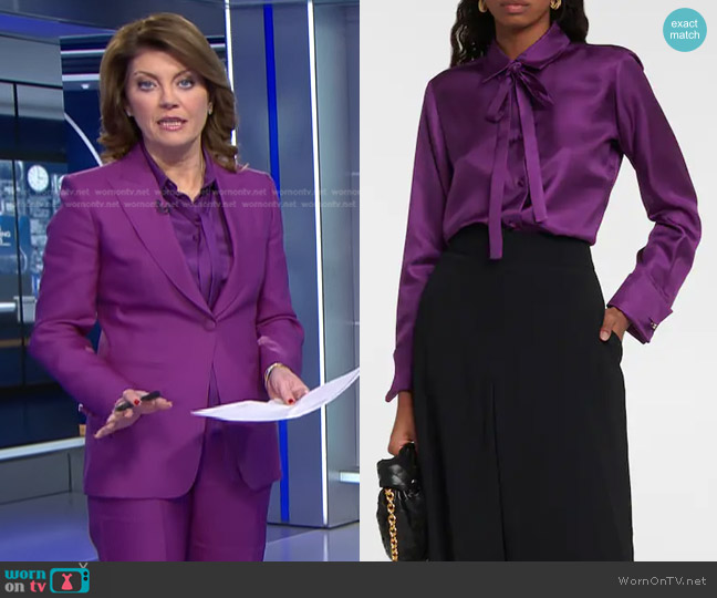 Max Mara Toano Tie-Neck Silk Twill Shirt worn by Norah O'Donnell on CBS Evening News