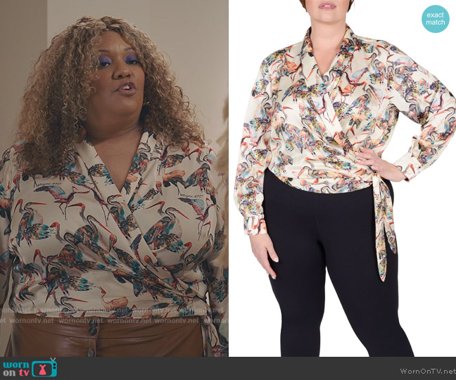 Mayes NYC Donna Faux-Wrap Bird-Print Blouse worn by Dori Ovens (X Mayo) on American Auto