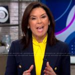 Meg Oliver’s yellow twist neck dress and navy blazer on CBS Mornings