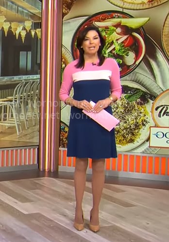 Meg Oliver's pink and blue colorblock dress on CBS Mornings