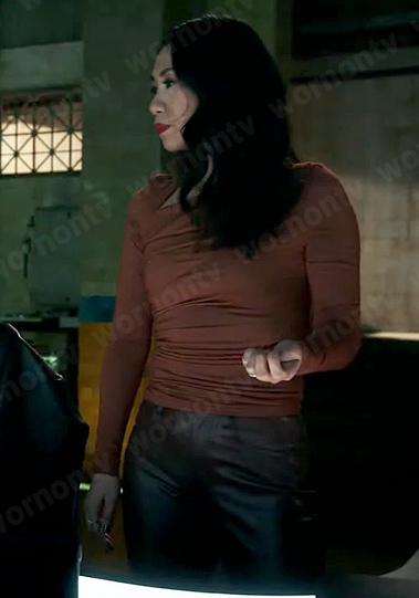 Mel's asymmetric ruched top on The Equalizer