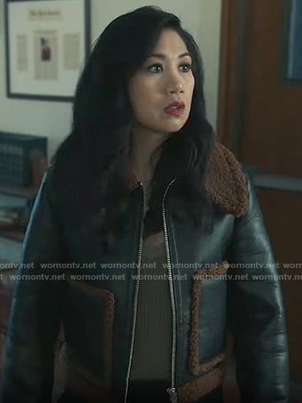 Mel's leather jacket with brown fur details on The Equalizer