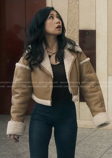 Mel's brown leather jacket with shearling trims on The Equalizer