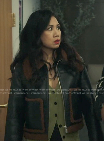 Mel’s leather jacket with brown fur details on The Equalizer