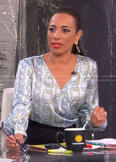 Michelle Miller’s chain print wrap blouse on CBS Mornings
