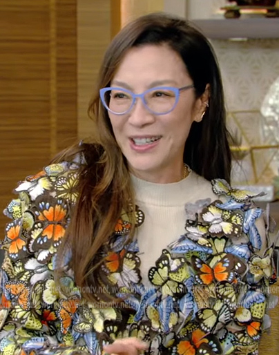 Michelle Yeoh’s butterfly applique jacket on Live with Kelly and Ryan