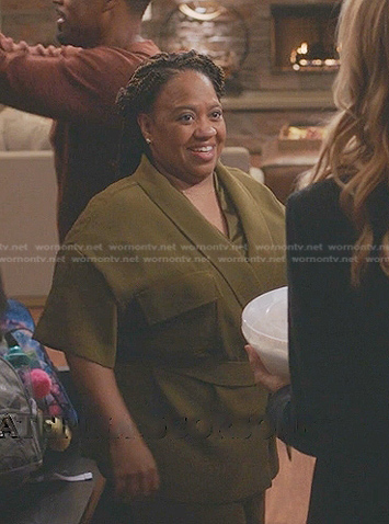 Miranda's khaki wrap jacket on Greys Anatomy