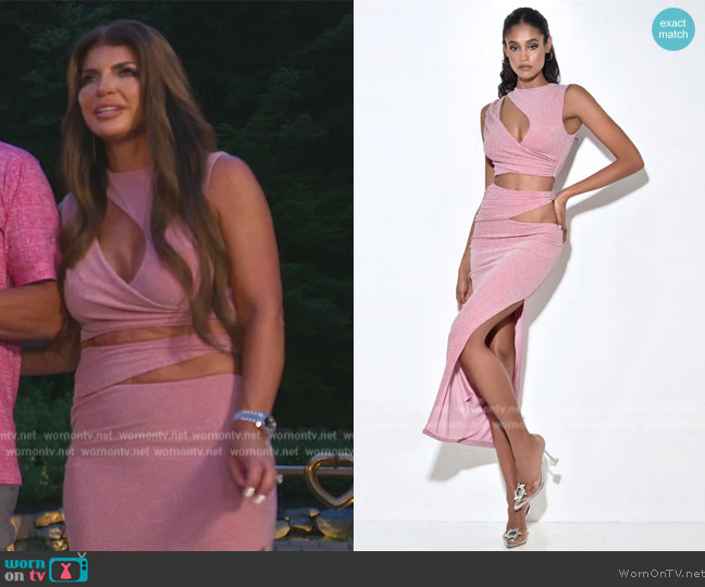 Miss Circle Teia Salmon Pink Metallic Jersey Cutout Top and Skirt worn by Teresa Giudice on The Real Housewives of New Jersey