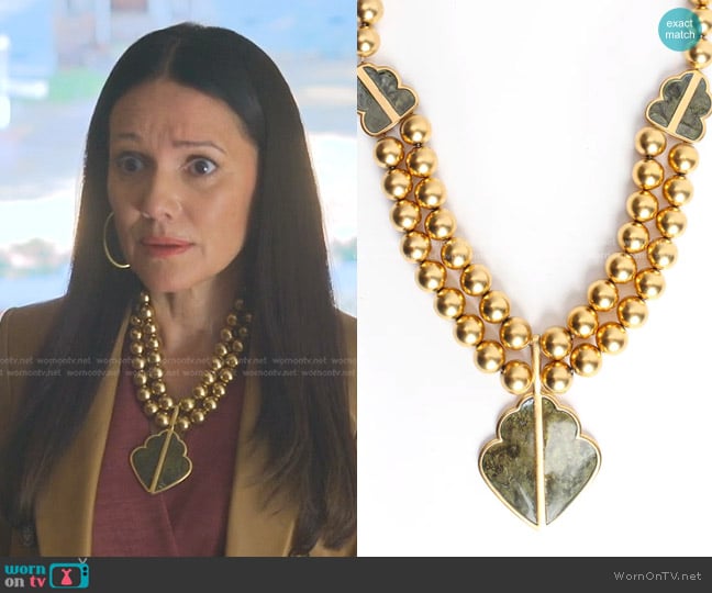 Monet Leaf Pendant Beaded Necklace worn by Bianca Tavez (Priscilla Garita) on Good Trouble