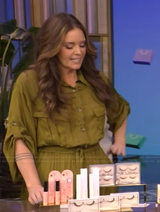 Monica Mangin's green satin utility jumpsuit on Live with Kelly and Ryan