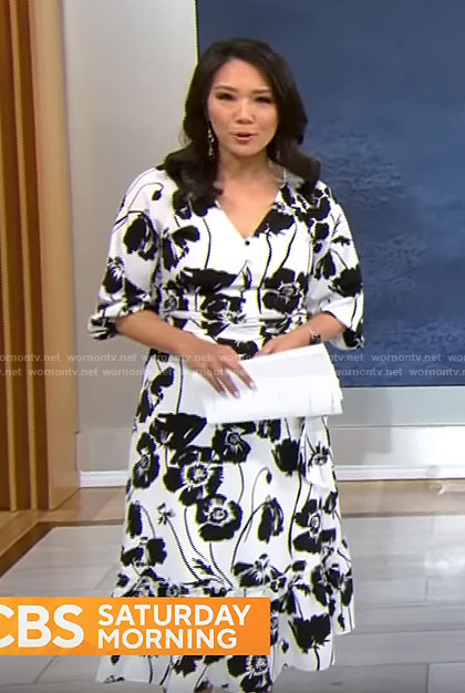 Nancy Chen's white and black floral midi dress on CBS Mornings
