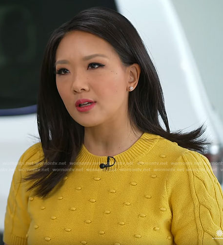 Nancy Chen's yellow bobble knit sweater on CBS Mornings