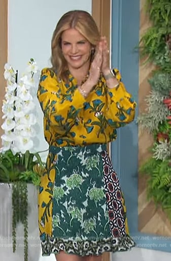 Natalie's yellow floral print blouse and skirt on The Talk