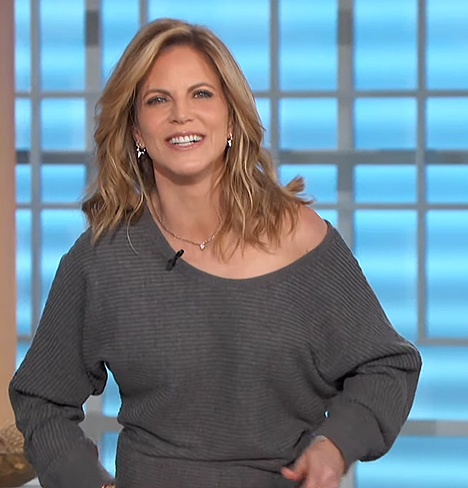 Natalie’s gray ribbed off shoulder sweater on The Talk