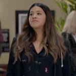 Nell’s black cat print shirt and hoodie blazer on Not Dead Yet