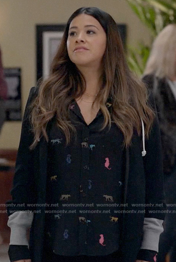 Nell’s black cat print shirt and hoodie blazer on Not Dead Yet