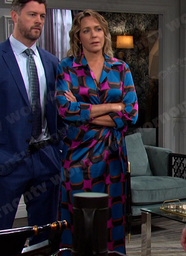 Nicole’s blue and pink geometric print dress on Days of our Lives
