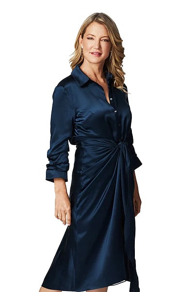 Nina’s teal blue satin shirt dress on General Hospital