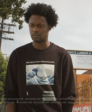 Noah's black wave graphic sweatshirt on Grand Crew