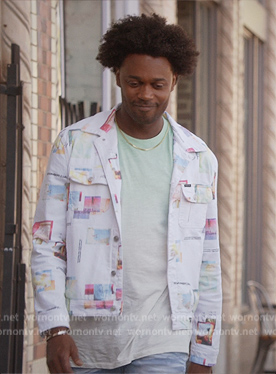 Noah's white printed denim jacket on Grand Crew