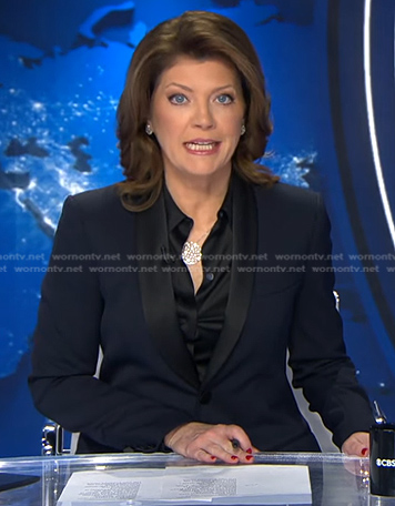 Nora's navy contrast shawl collar blazer on CBS Evening News