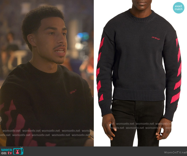 Off White Logo Chunky Knit Sweater worn by Andre Johnson, Jr. (Marcus Scribner) on Grown-ish
