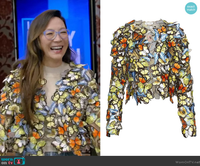 Oscar de la Renta butterfly-appliqué cropped jacket worn by Michelle Yeoh on Live with Kelly and Ryan