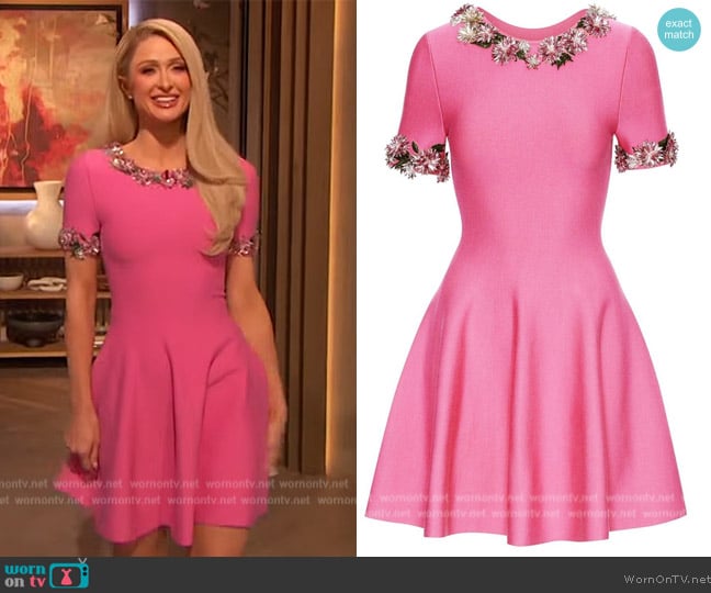 Oscar de la Renta Floral-applique Flared Dress worn by Paris Hilton on The Drew Barrymore Show