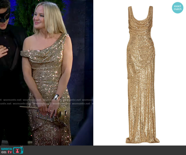 Pamella Roland Sleeveless Sequin Cowl-Neck Gown worn by Sharon Newman (Sharon Case) on The Young and the Restless