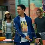 Parker’s blue printed track jacket and pants on Bunkd