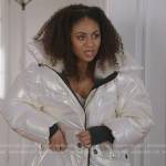 Patience’s white metallic puffer jacket on All American