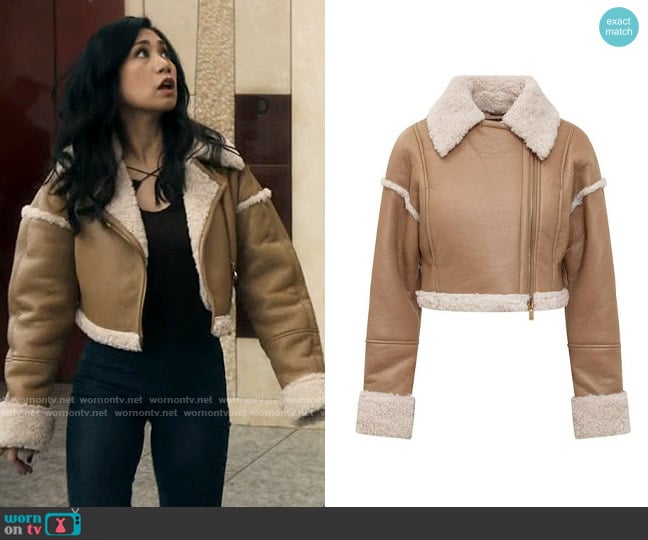 Pinko Cropped Aviator Jacket worn by Melody Bayani (Liza Lapira) on The Equalizer