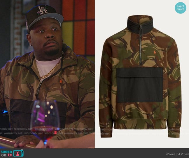 Ralph Lauren  Icon logo camo print hybrid half zip sweatshirt worn by Sherm Jones (Carl Tart) on Grand Crew