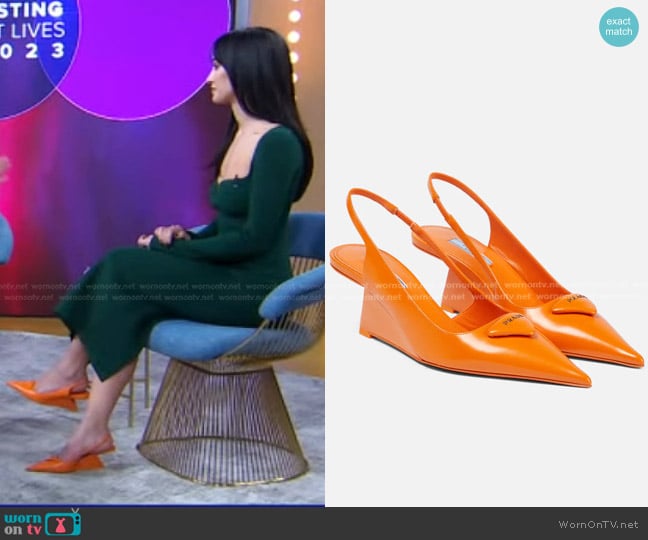 Prada Triangle-logo Leather Slingback Wedge Pumps worn by Roxie Nafousi on Good Morning America