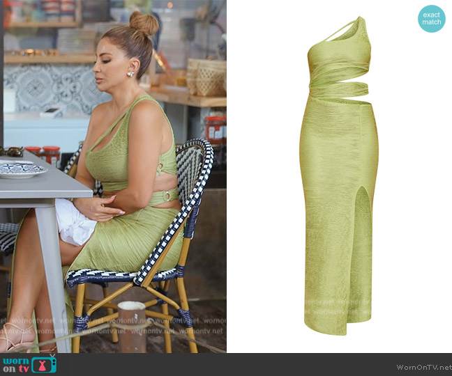 Pretty Little Thing Green Textured Cutout One Shoulder Detail Midaxi Dress worn by Larsa Pippen (Larsa Pippen) on The Real Housewives of Miami