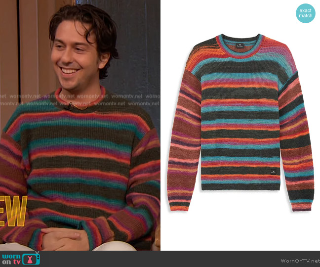 Paul Smith Stripe Crewneck Sweater worn by Nat Wolff on The Drew Barrymore Show