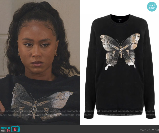 R13 Butterfly-print Crewneck Sweatshirt worn by Keisha (Netta Walker) on All American Homecoming