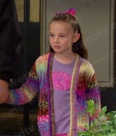 Rachel’s purple print tee and cardigan on Days of our Lives