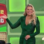 Rachel’s green long sleeved ruched mini dress on The Price is Right